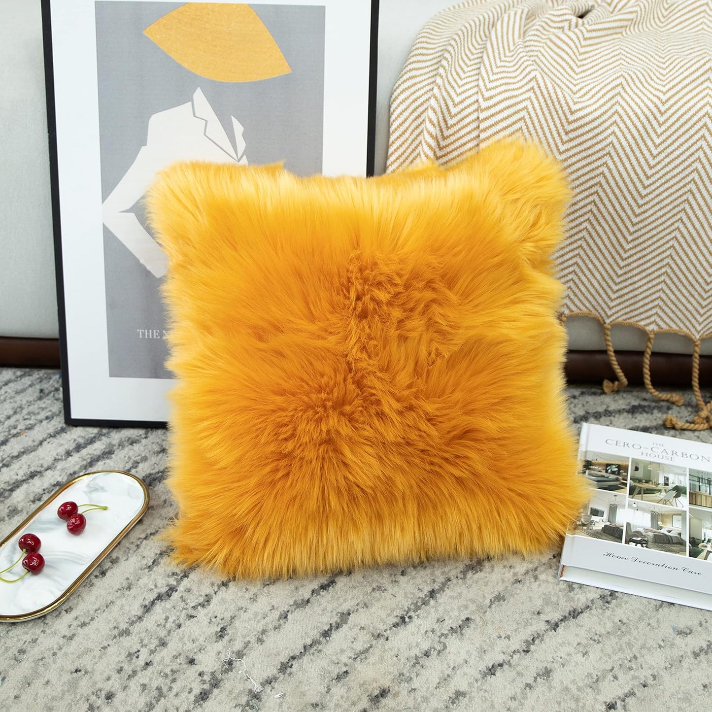 Decorative Lumbar Soft Faux Fur Throw Pillow Cover Luxury Series Rectangle Plush Pillow Case Cushion Cover for Couch Sofa Bed (12" X 20", White)