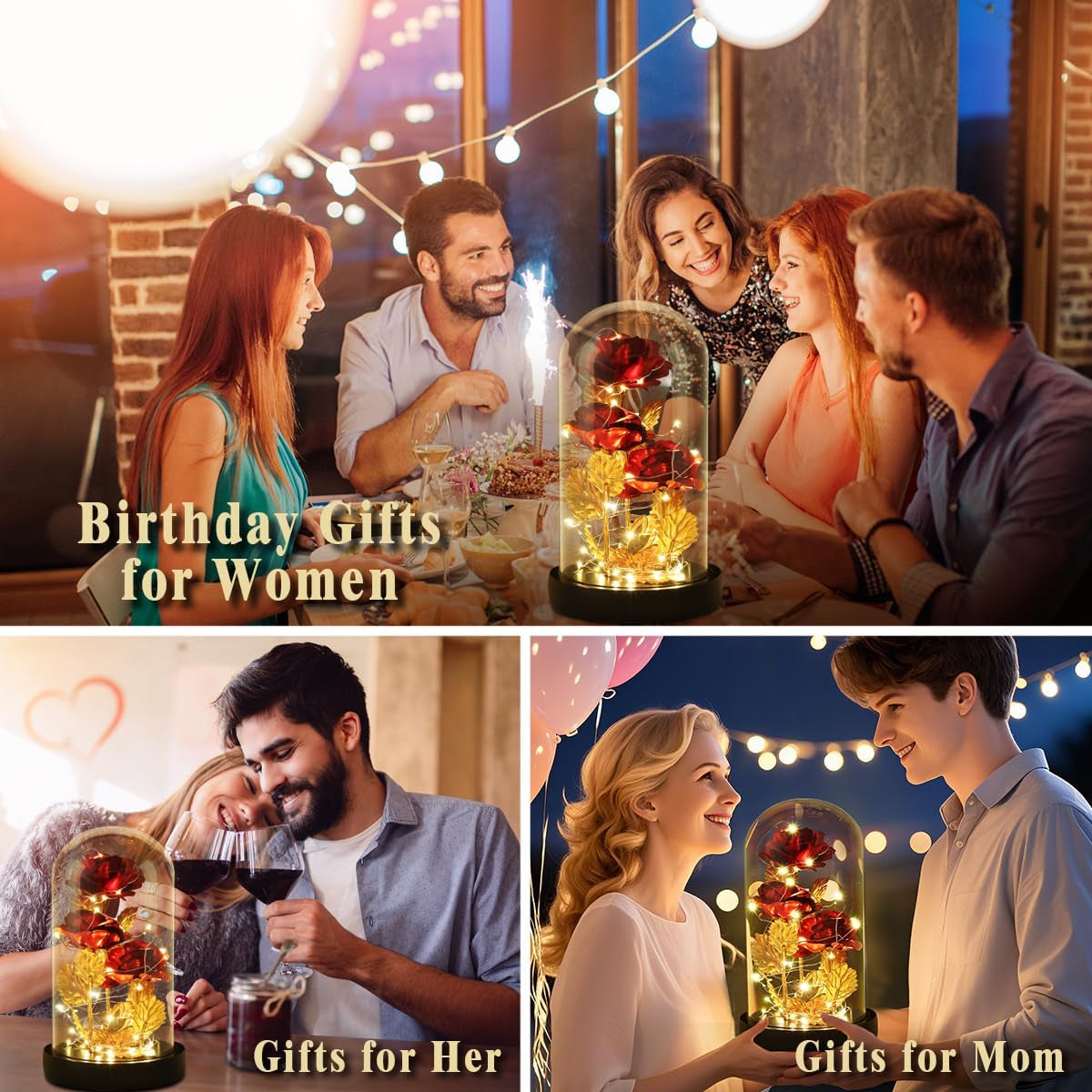 Birthday Gifts for Women,Anniversary Rose Gifts for Wife,Galaxy Flower Rose with 2 Lighting Mode,Colorful Gold Foil Enchanted Rose in Glass Dome,Flower Rose Gifts for Mom Wife Girlfriend Sister Friend