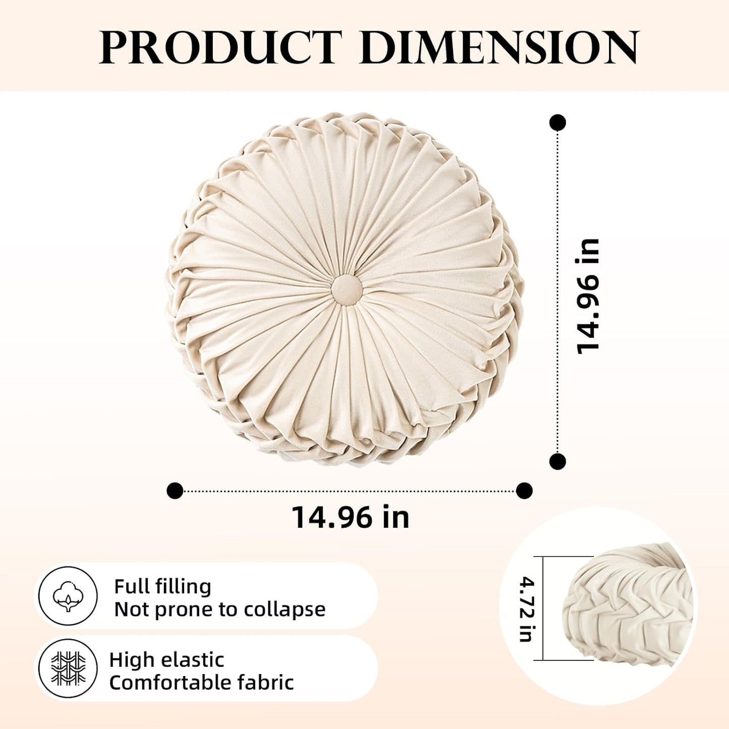 Round Throw Pillow Velvet Home Decoration Pleated round Pillow Cushion for Couch Chair Bed Car Grey (Apricot)