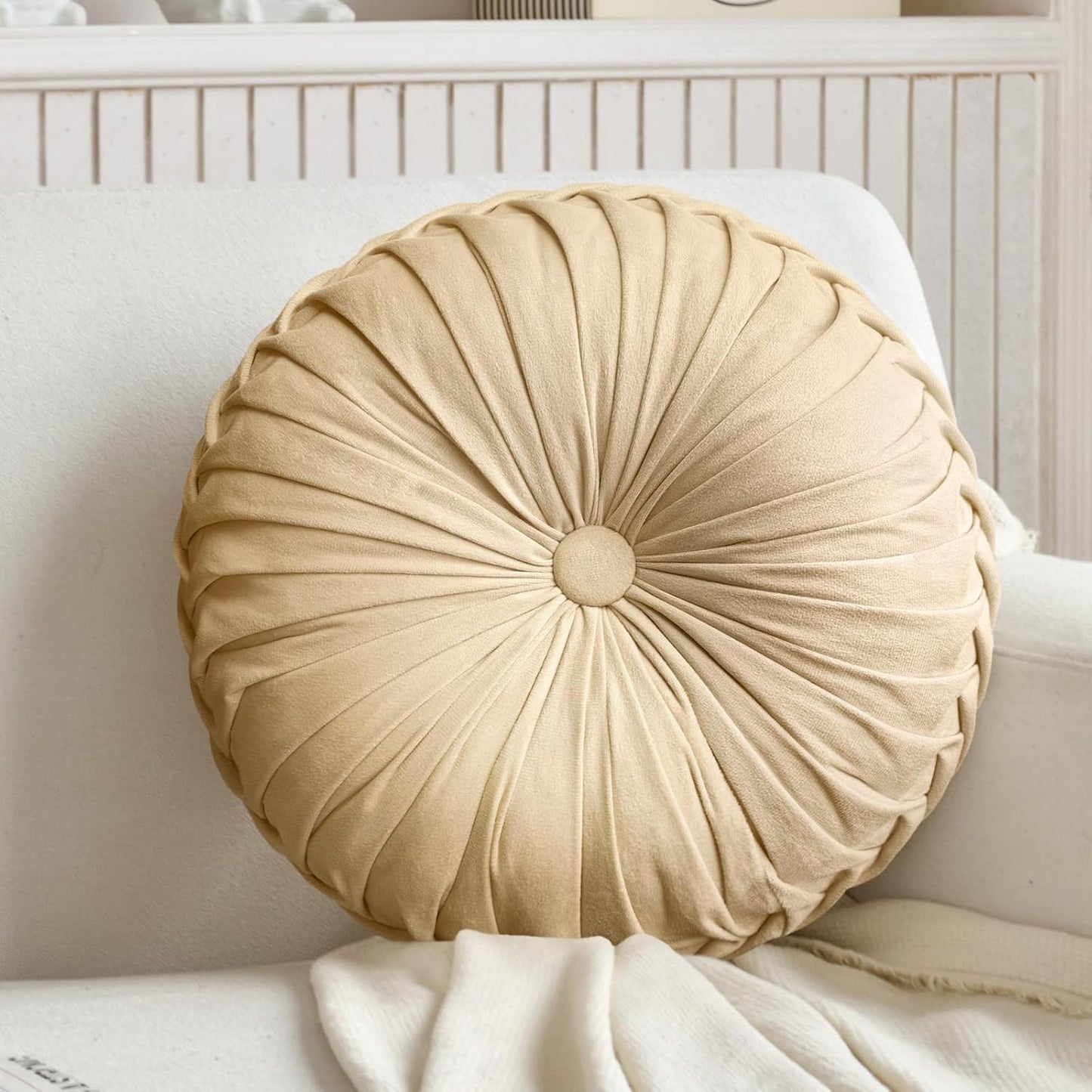 Round Throw Pillow Velvet Home Decoration Pleated round Pillow Cushion for Couch Chair Bed Car Grey (Apricot)