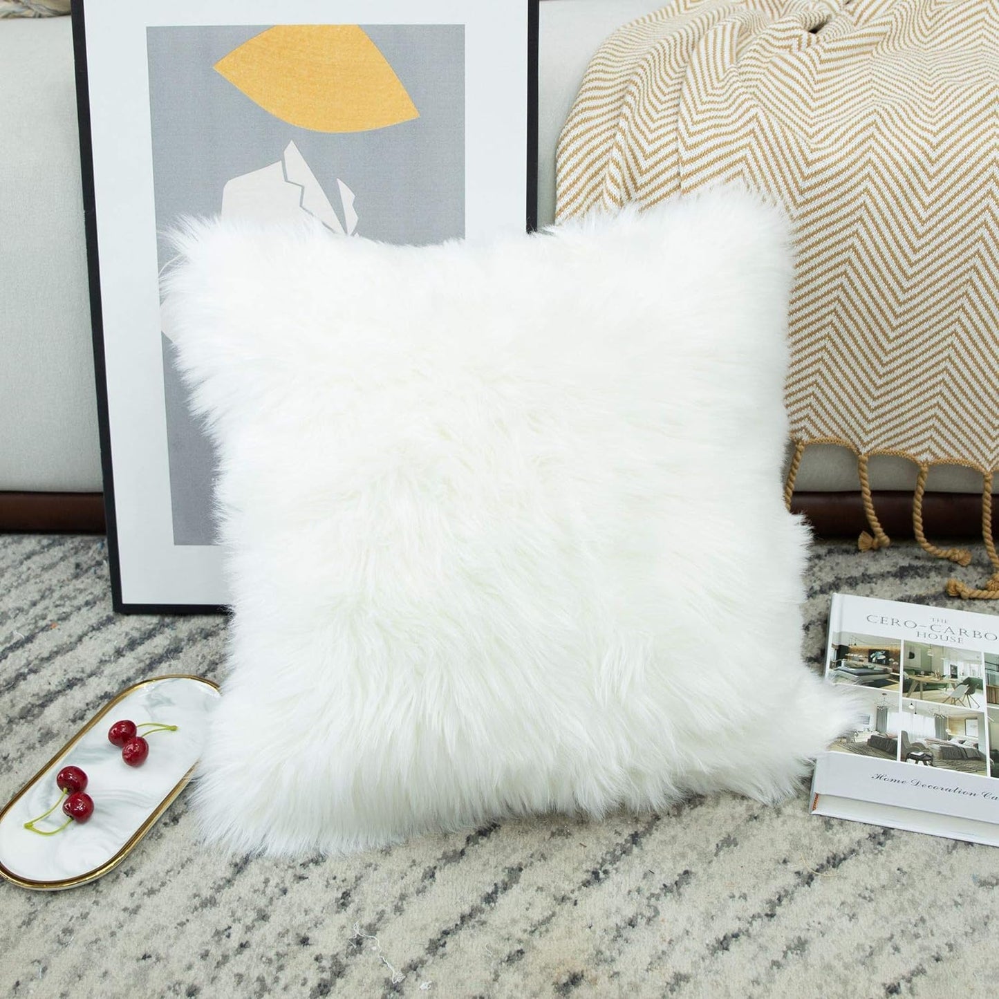 Decorative Lumbar Soft Faux Fur Throw Pillow Cover Luxury Series Rectangle Plush Pillow Case Cushion Cover for Couch Sofa Bed (12" X 20", White)