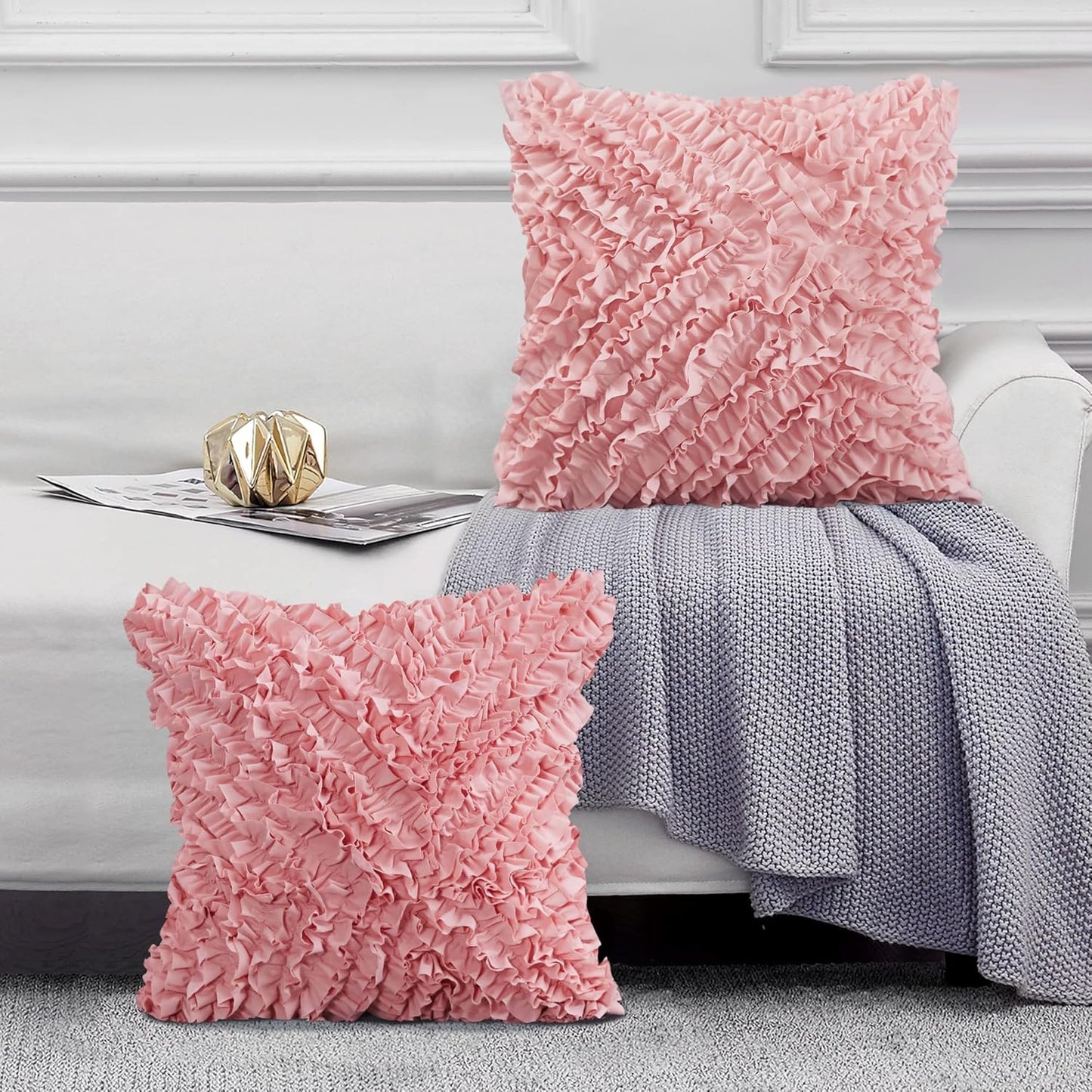 18X18 Pillow Covers, Cushion Throw Pillow Cover Pillowcase Set of 2, Farmhouse Decorative Cushion Case, 3D Design Handmade Pillowcase with Ruffles, White