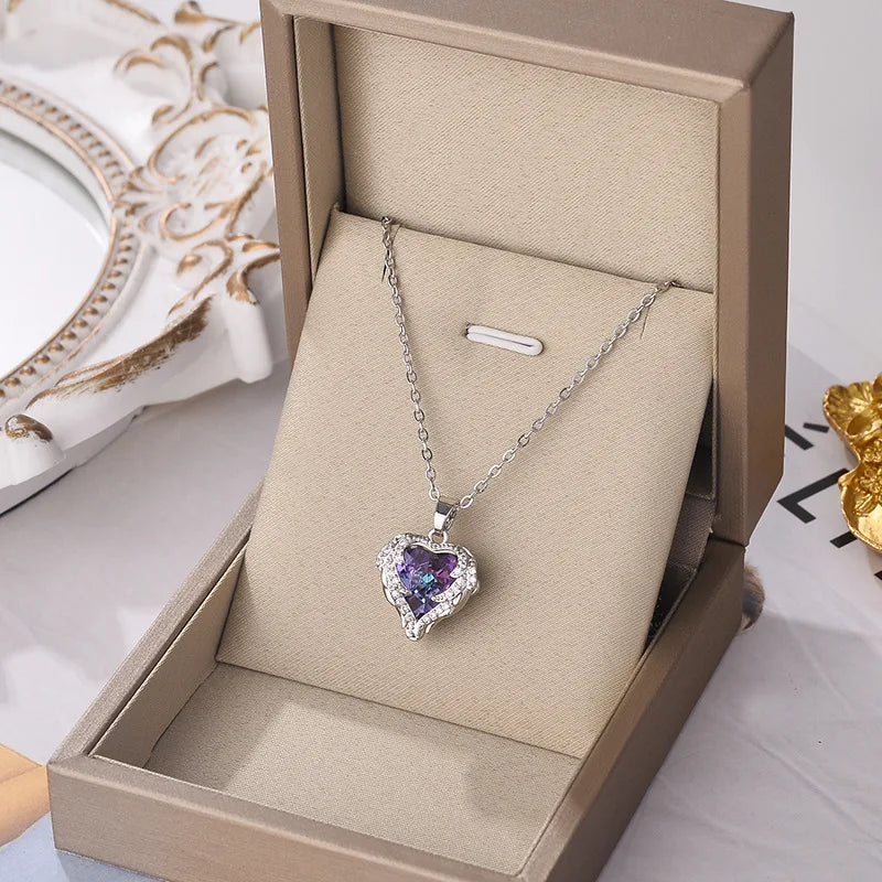 Romance Heart Stainless Steel Cubic Zirconia Necklaces for Women Gold Color Shiny Crystal Necklace Party Daily Jewelry