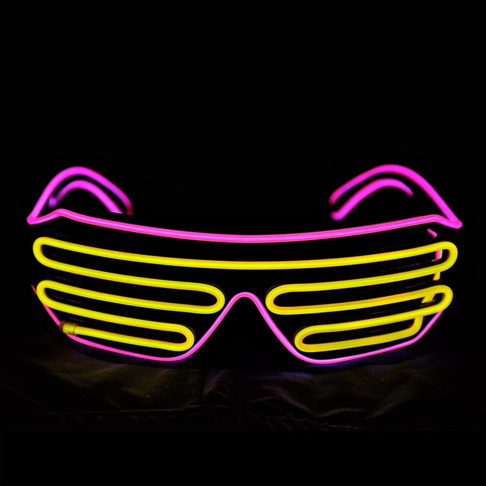 Light up Shutter Neon Rave Flashing Glasses El Wire LED Sunglasses Glow Costumes for Party, 80S, EDM RB03 (Pink - Yellow)
