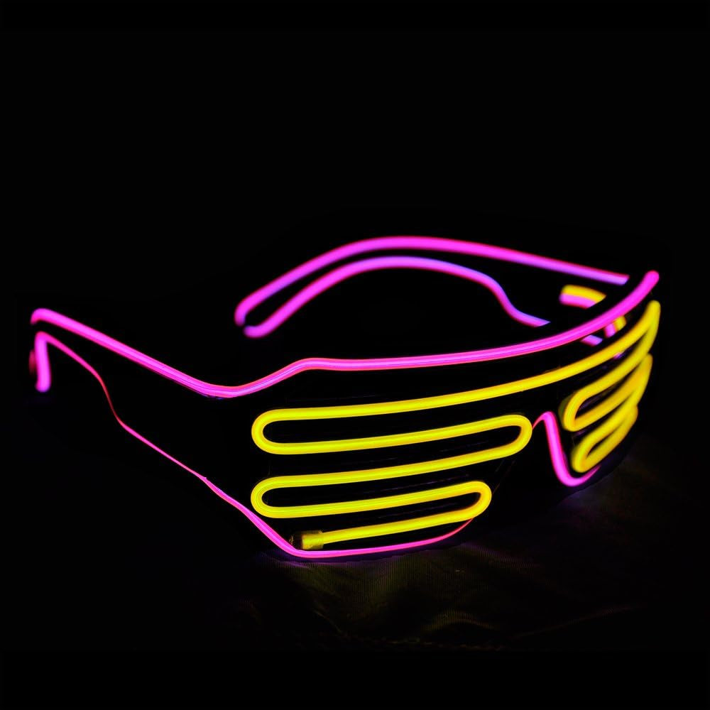 Light up Shutter Neon Rave Flashing Glasses El Wire LED Sunglasses Glow Costumes for Party, 80S, EDM RB03 (Pink - Yellow)