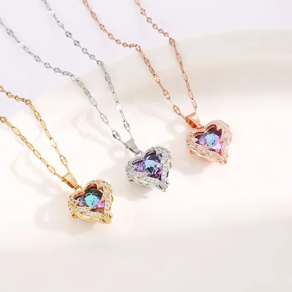 Romance Heart Stainless Steel Cubic Zirconia Necklaces for Women Gold Color Shiny Crystal Necklace Party Daily Jewelry