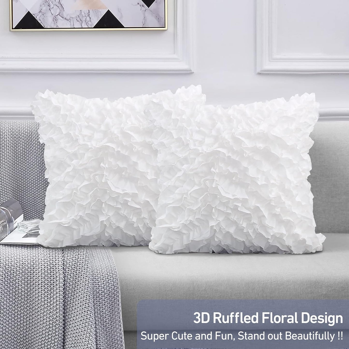 18X18 Pillow Covers, Cushion Throw Pillow Cover Pillowcase Set of 2, Farmhouse Decorative Cushion Case, 3D Design Handmade Pillowcase with Ruffles, White