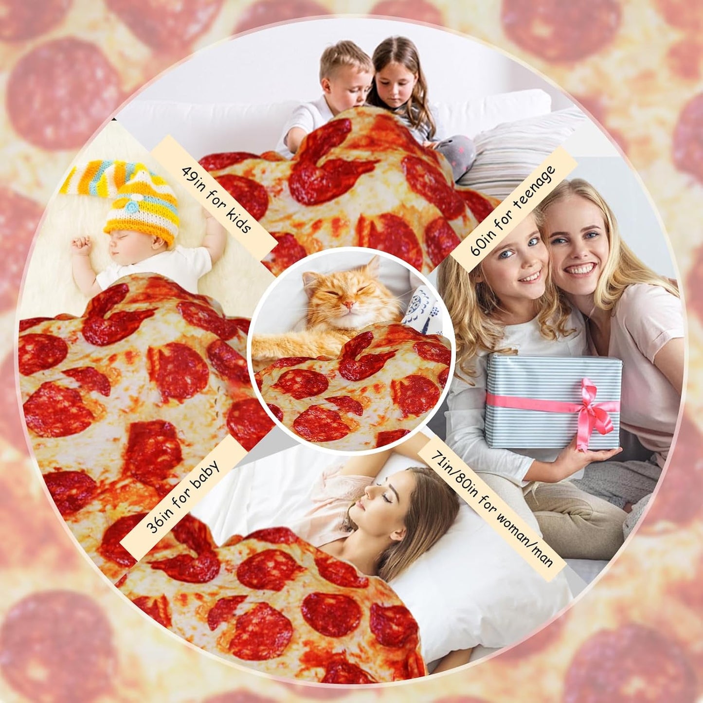 Pizza Blanket for Teen Kids, 60 Inch Throw Blanket, round Pepperoni Pizza Food Blanket, Funny Gifts for Boy Girl, Soft Flannel Blanket for Bed Office Travel
