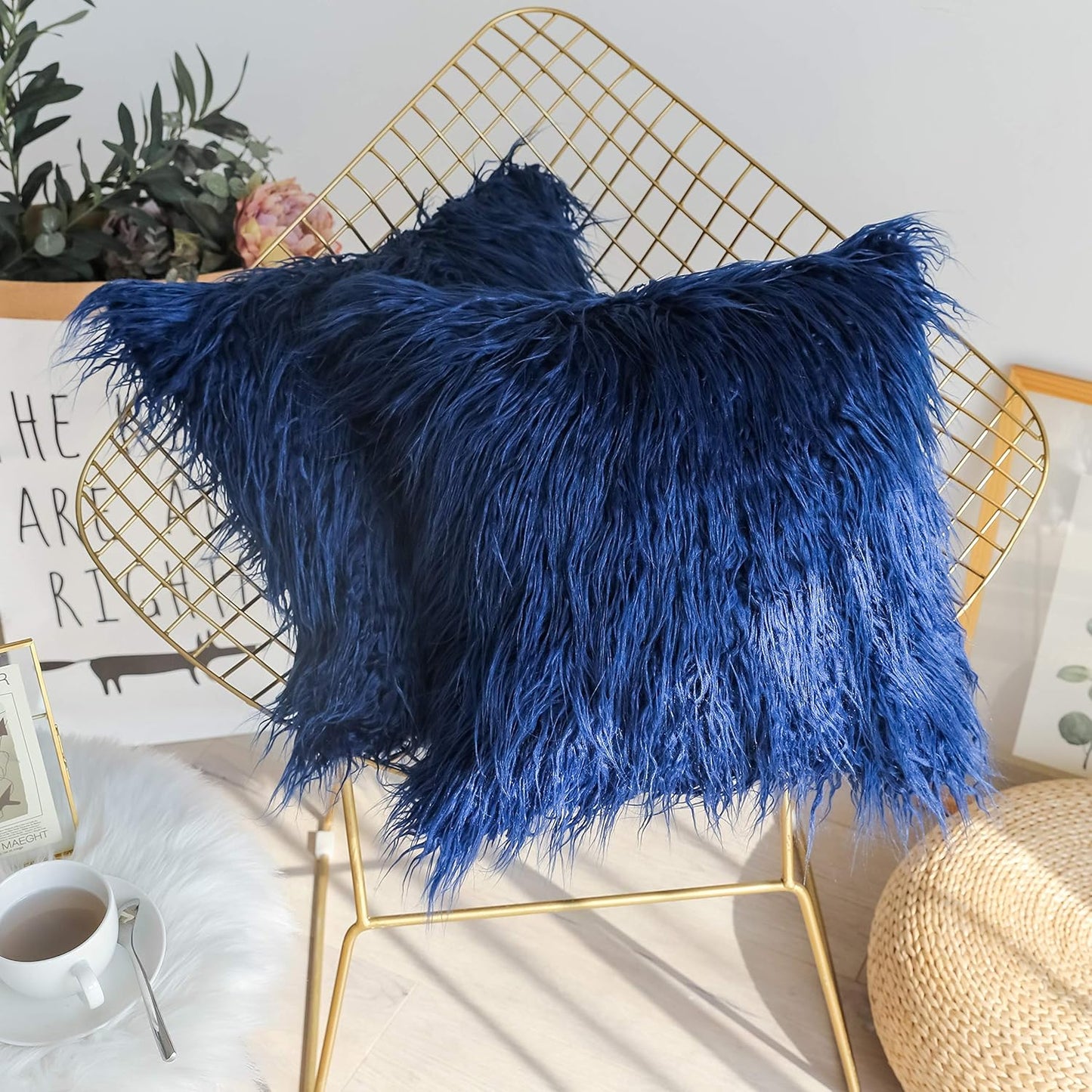 Kevin Textile Set of 2 Decorative New Luxury Series Merino Style Navy Blue Fur Throw Pillow Cover Cushion Case Pillow Case for Sofa/Couch (18" X 18" 45Cm X 45Cm) Navy Blue