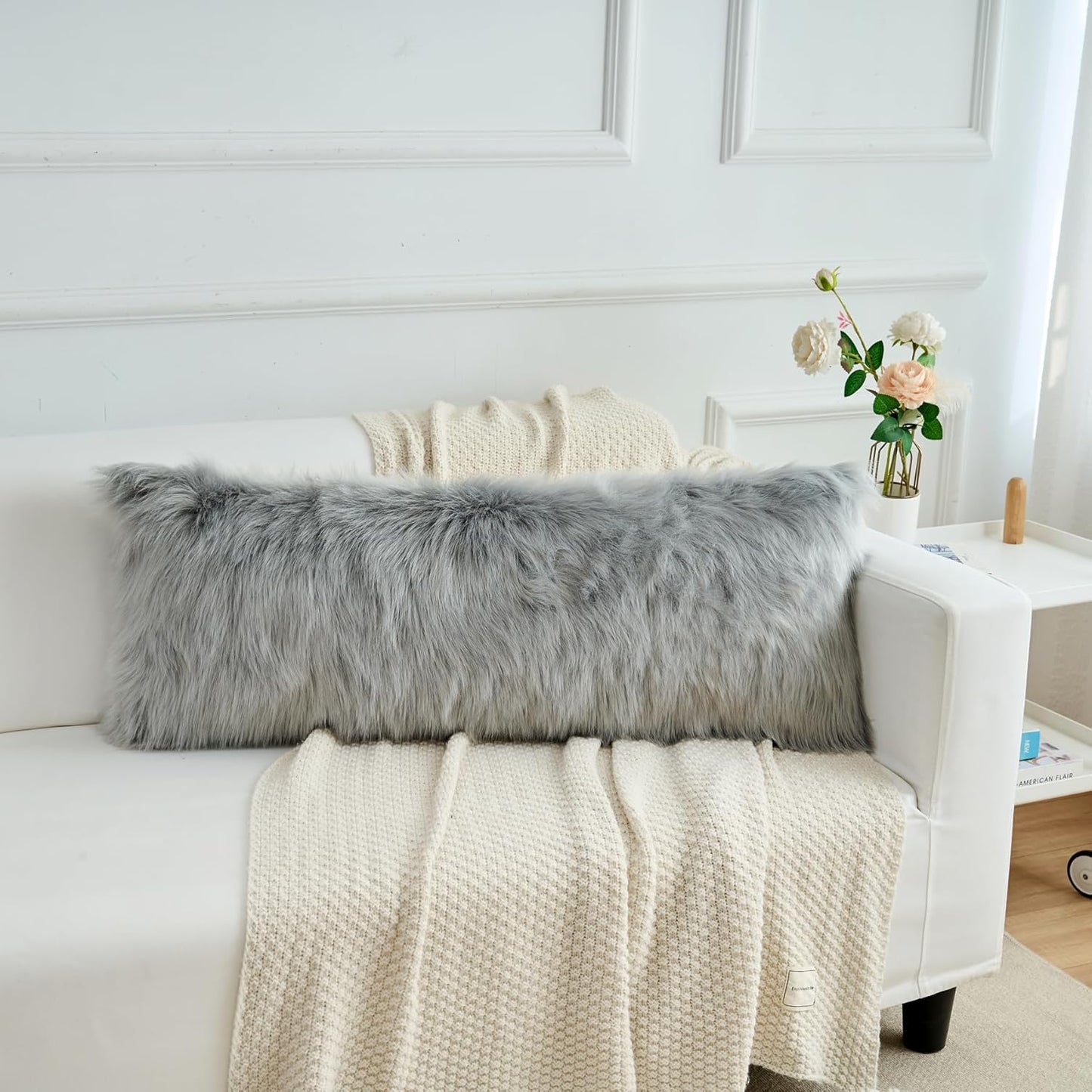 Decorative Lumbar Soft Faux Fur Throw Pillow Cover Luxury Series Rectangle Plush Pillow Case Cushion Cover for Couch Sofa Bed (12" X 20", White)