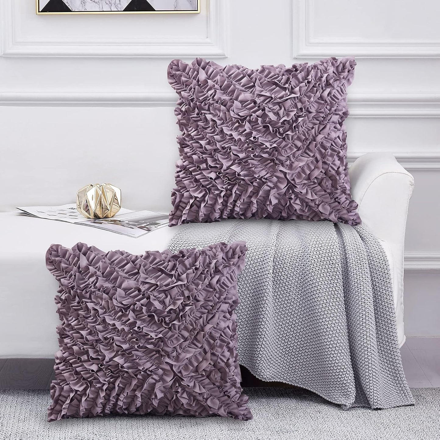 18X18 Pillow Covers, Cushion Throw Pillow Cover Pillowcase Set of 2, Farmhouse Decorative Cushion Case, 3D Design Handmade Pillowcase with Ruffles, White