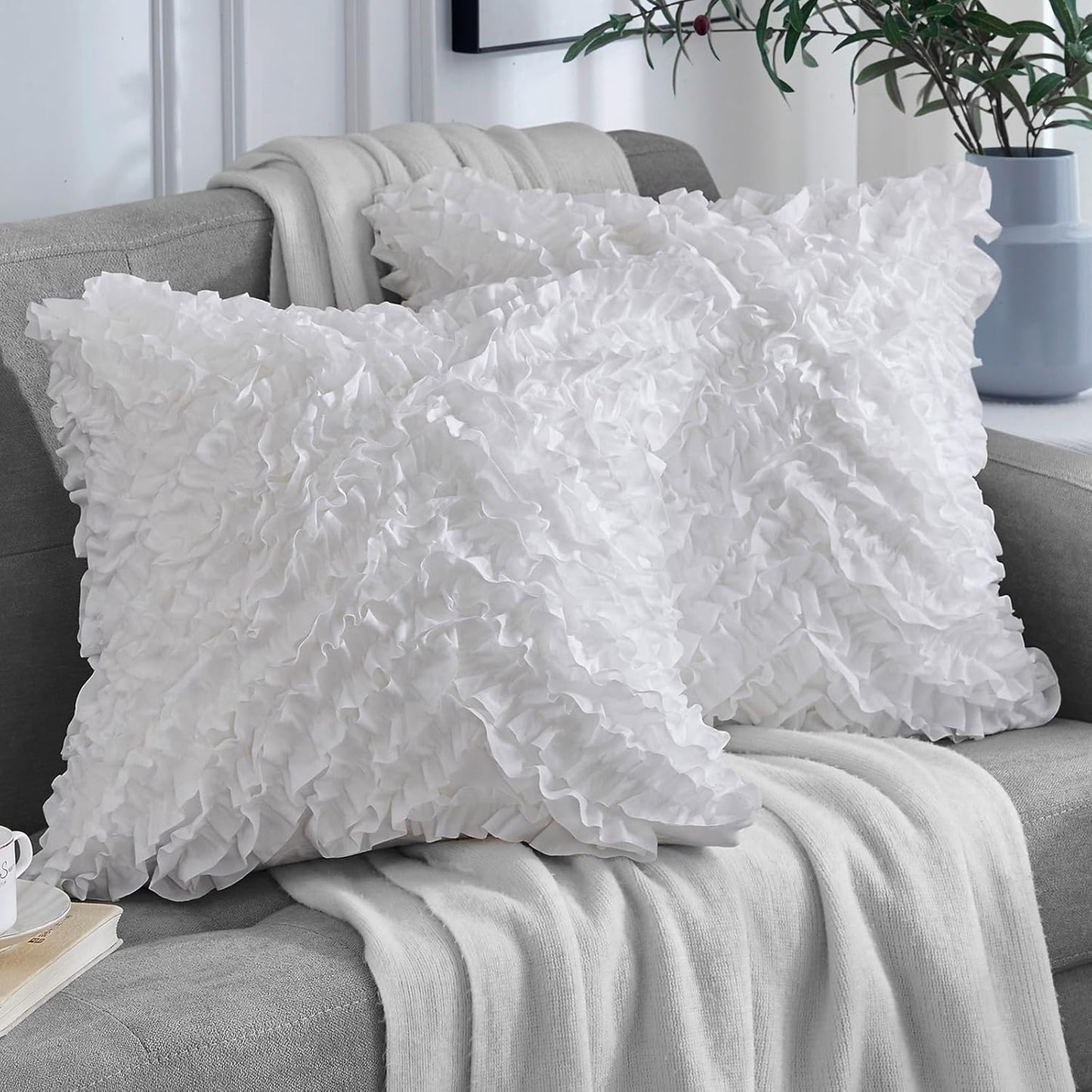 18X18 Pillow Covers, Cushion Throw Pillow Cover Pillowcase Set of 2, Farmhouse Decorative Cushion Case, 3D Design Handmade Pillowcase with Ruffles, White