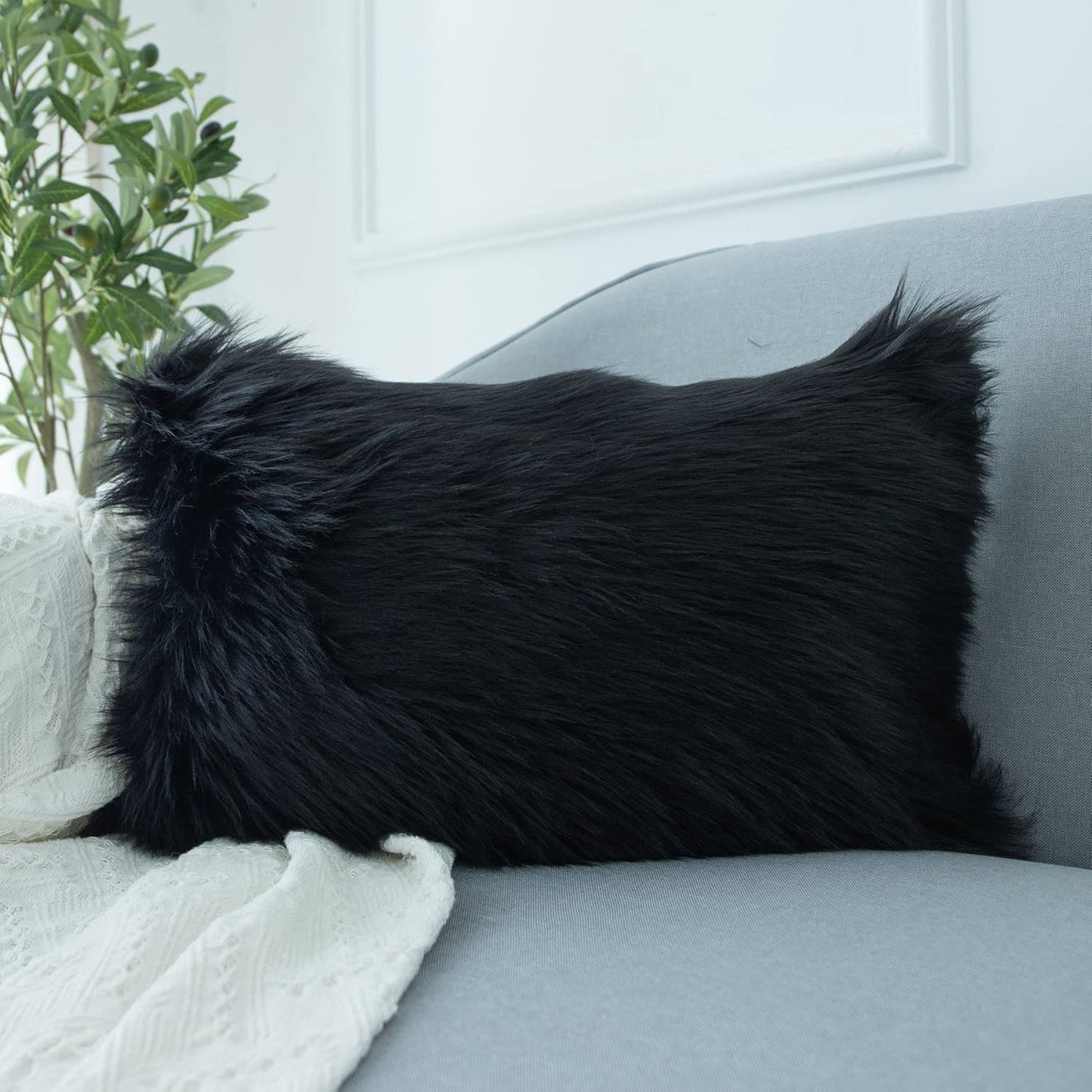 Decorative Lumbar Soft Faux Fur Throw Pillow Cover Luxury Series Rectangle Plush Pillow Case Cushion Cover for Couch Sofa Bed (12" X 20", White)