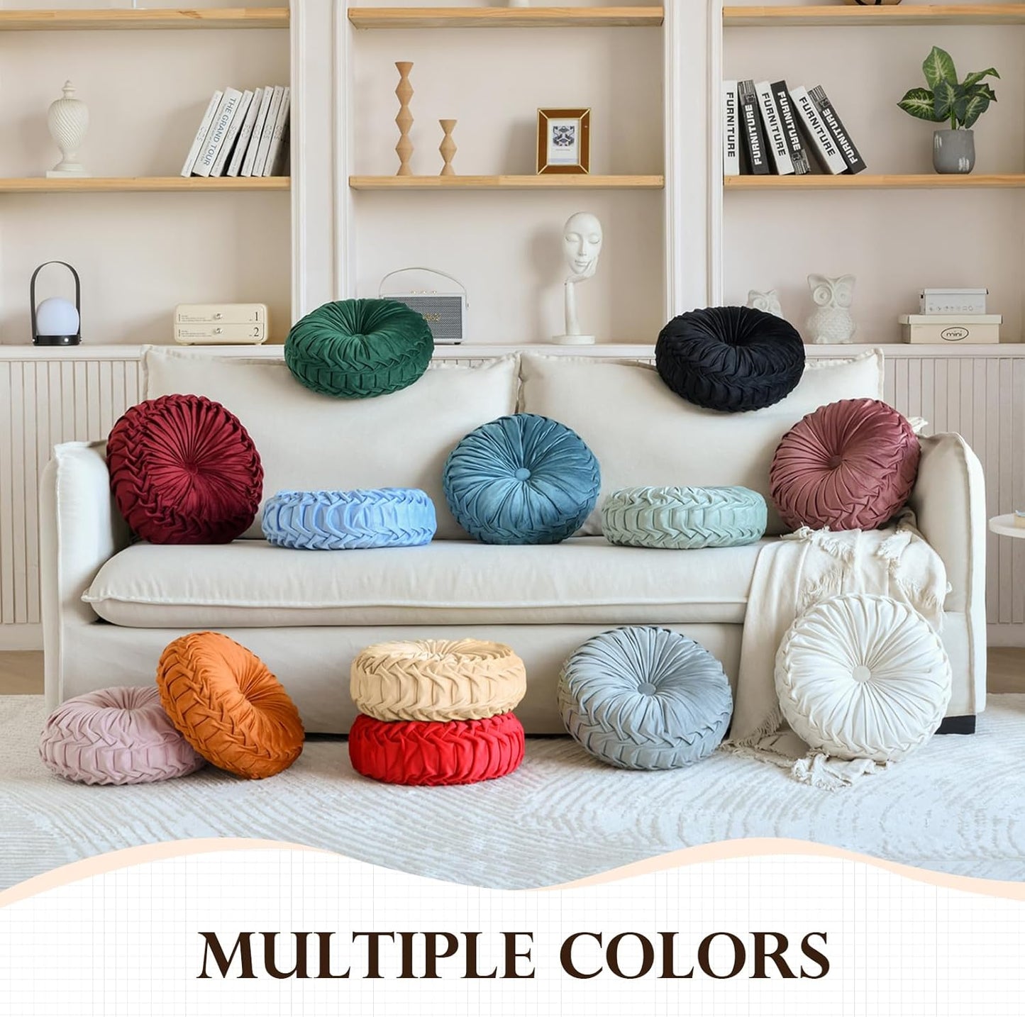 Round Throw Pillow Velvet Home Decoration Pleated round Pillow Cushion for Couch Chair Bed Car Grey (Apricot)