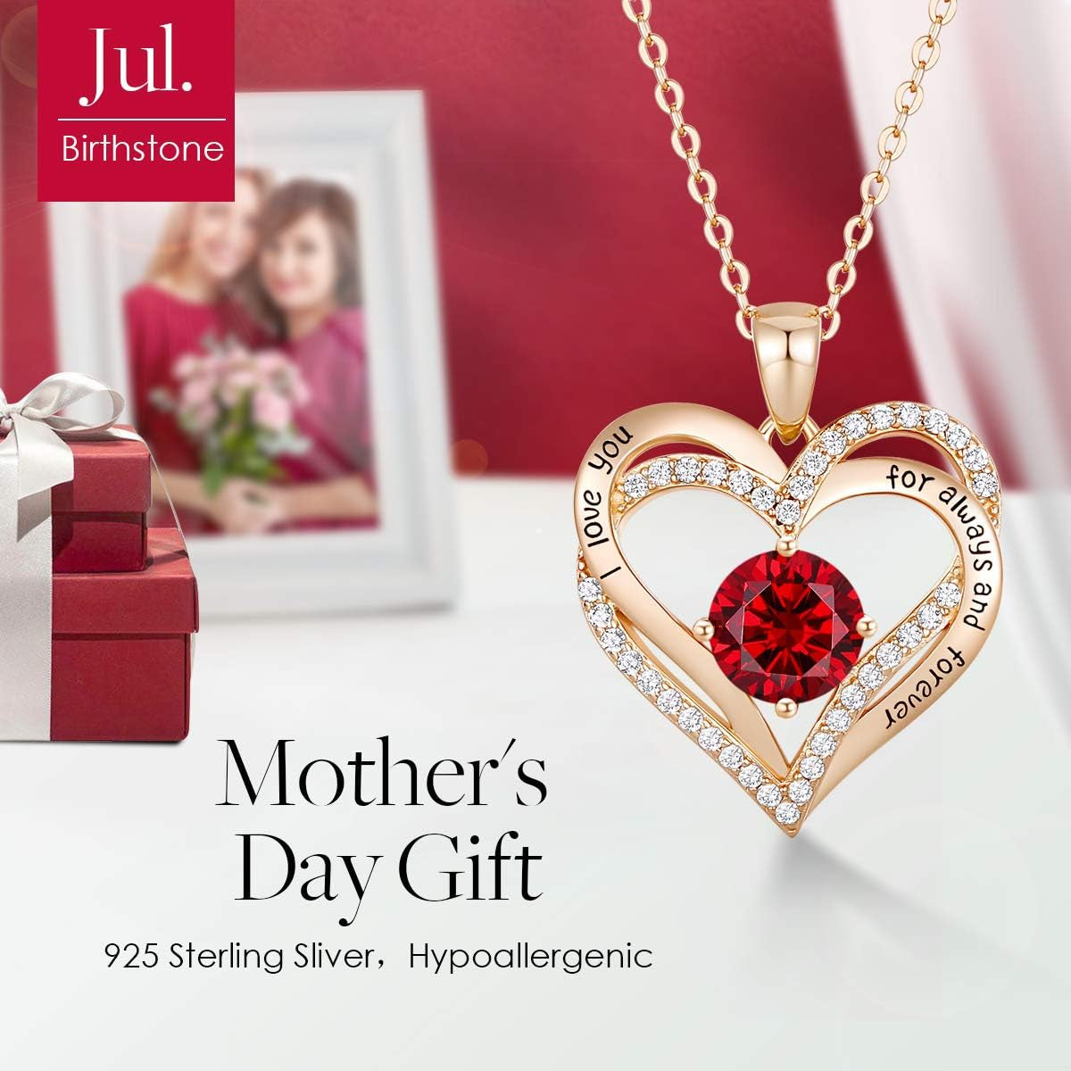 Forever Love Heart Necklaces for Women, Wedding Anniversary, Birthday Mothers Day Gifts for Mom, Mother, Wife, Girlfriend, S925 Silver Jewelry with Birthstone Pendant