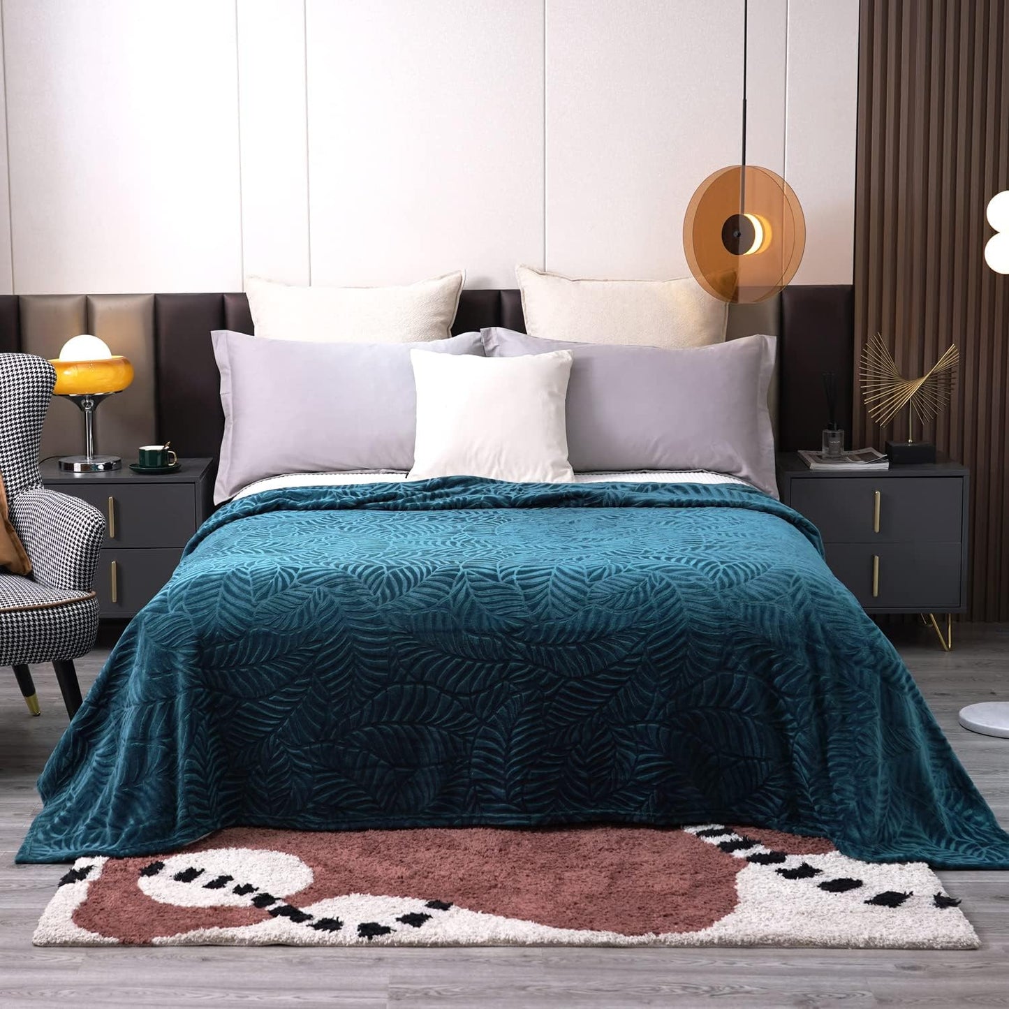 Super Soft Flannel Fleece Bed Blanket, Lightweight Cozy Warm Leaves Textured Plush Blanket as Bedspread Coverlet Bed Cover for All Seasons, 90 X 90 Inches, Blue Coral