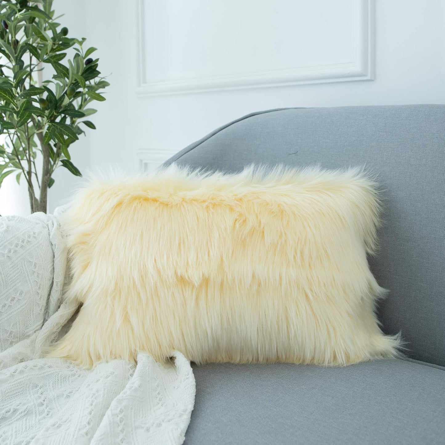 Decorative Lumbar Soft Faux Fur Throw Pillow Cover Luxury Series Rectangle Plush Pillow Case Cushion Cover for Couch Sofa Bed (12" X 20", White)