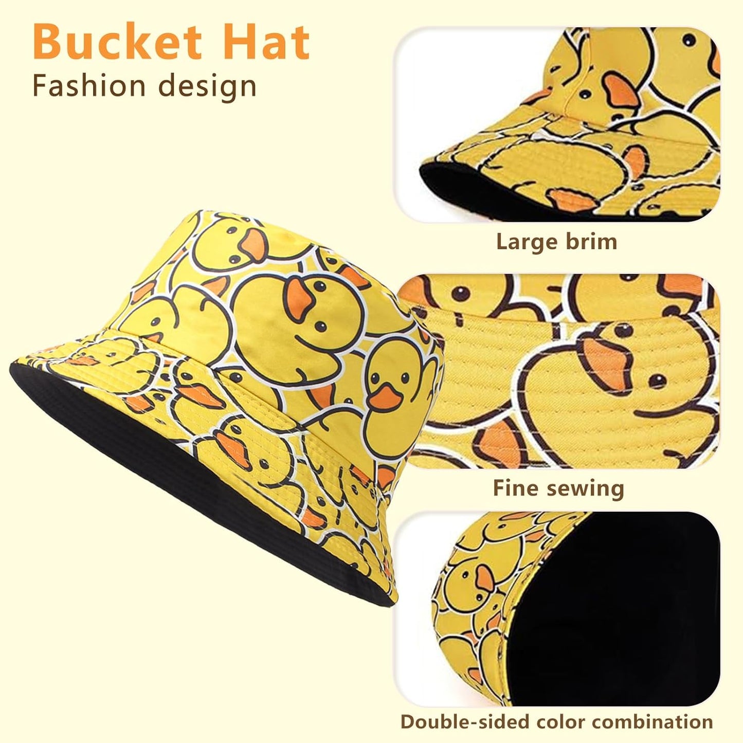 Rubber Duck Pattern Bucket Hats Fashion Sun Cap Packable Outdoor Fisherman Hat for Women and Men