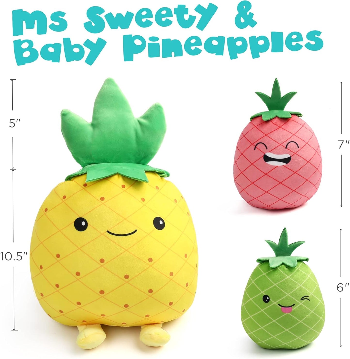 Pineapple Plush Toy, Set of 3, 12", 7" and 6'' Squishy Stuffed Animal Toys, Fruit Plushies, Fun Plush Pillow, Easter Basket Stuffers, Ms Sweety and Baby Pineapples