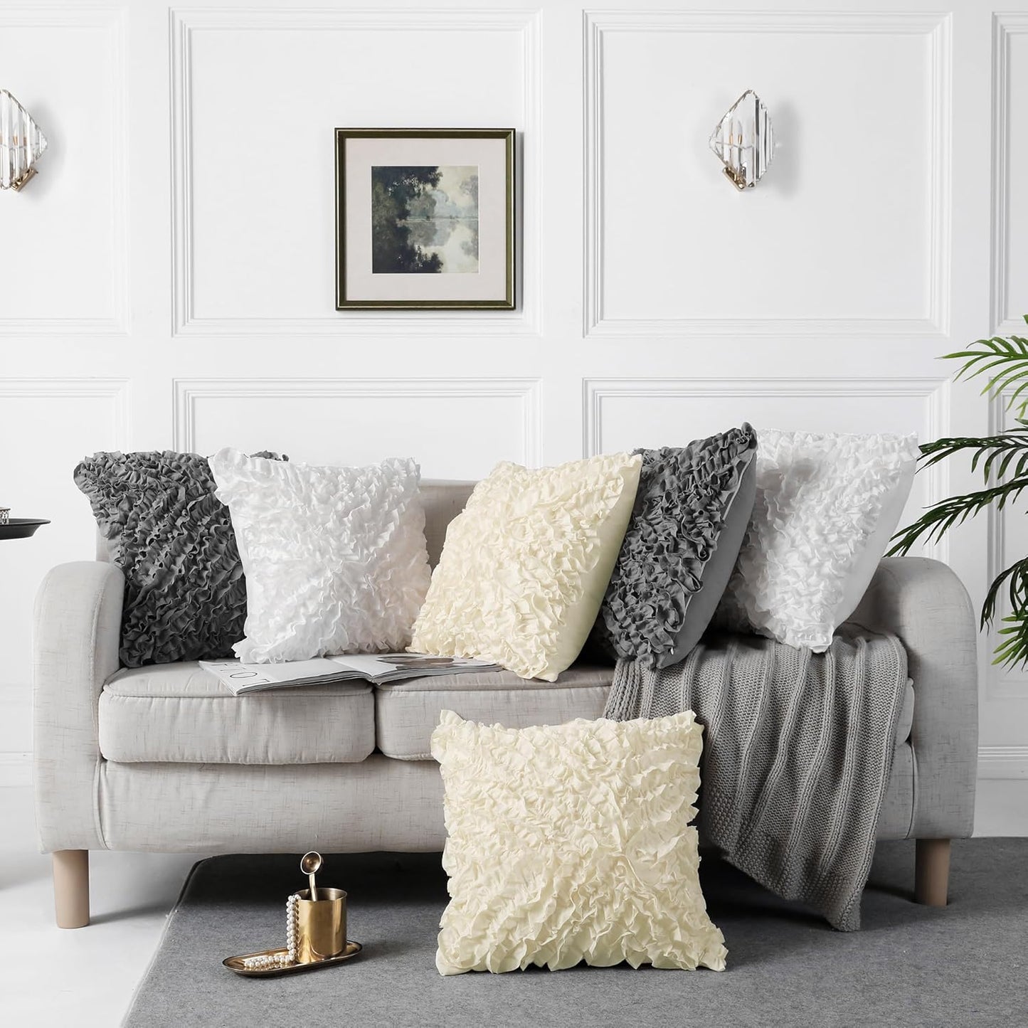 18X18 Pillow Covers, Cushion Throw Pillow Cover Pillowcase Set of 2, Farmhouse Decorative Cushion Case, 3D Design Handmade Pillowcase with Ruffles, White