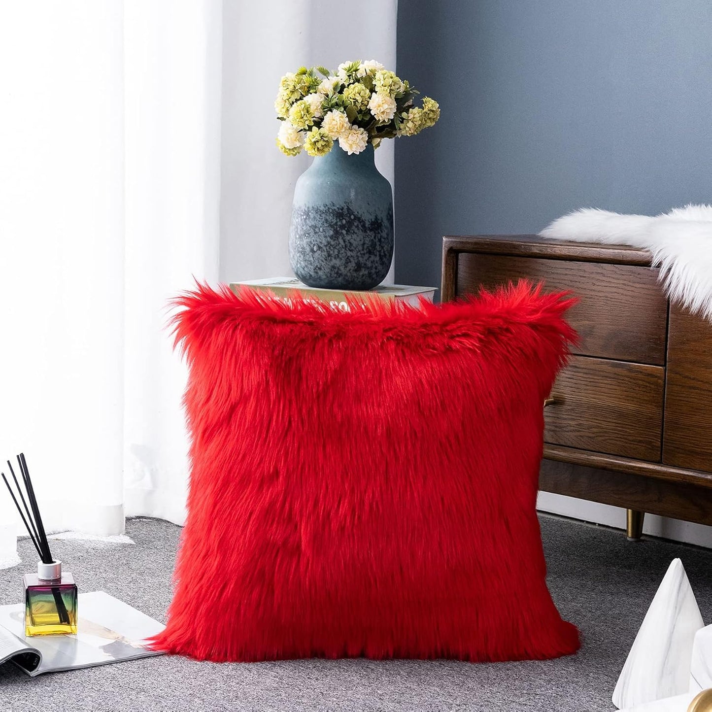 Decorative Lumbar Soft Faux Fur Throw Pillow Cover Luxury Series Rectangle Plush Pillow Case Cushion Cover for Couch Sofa Bed (12" X 20", White)
