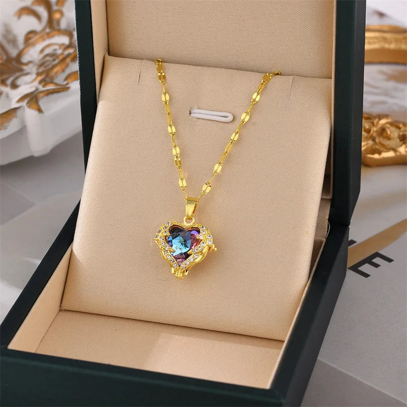 Romance Heart Stainless Steel Cubic Zirconia Necklaces for Women Gold Color Shiny Crystal Necklace Party Daily Jewelry