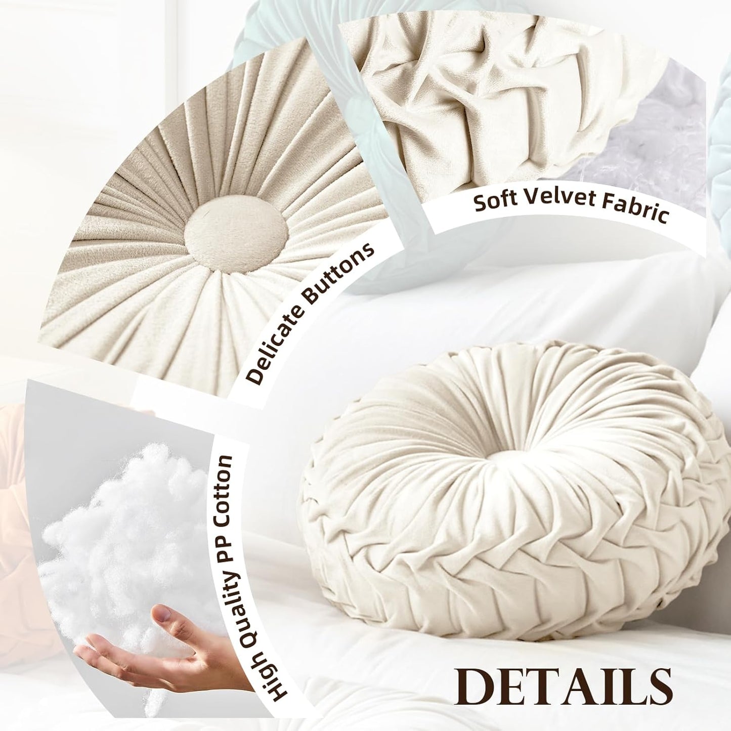Round Throw Pillow Velvet Home Decoration Pleated round Pillow Cushion for Couch Chair Bed Car Grey (Apricot)