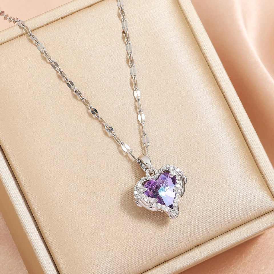 Romance Heart Stainless Steel Cubic Zirconia Necklaces for Women Gold Color Shiny Crystal Necklace Party Daily Jewelry