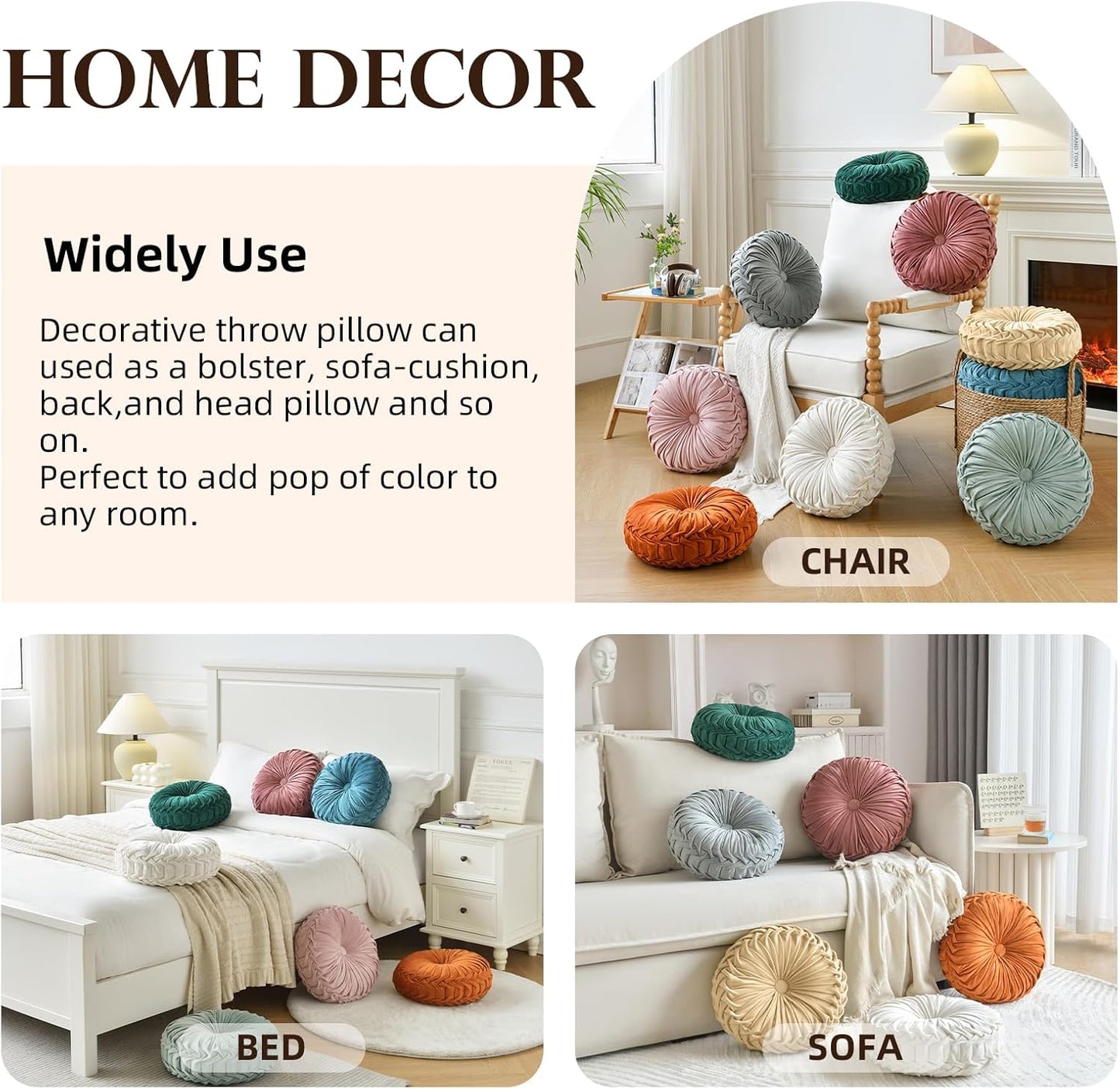 Round Throw Pillow Velvet Home Decoration Pleated round Pillow Cushion for Couch Chair Bed Car Grey (Apricot)