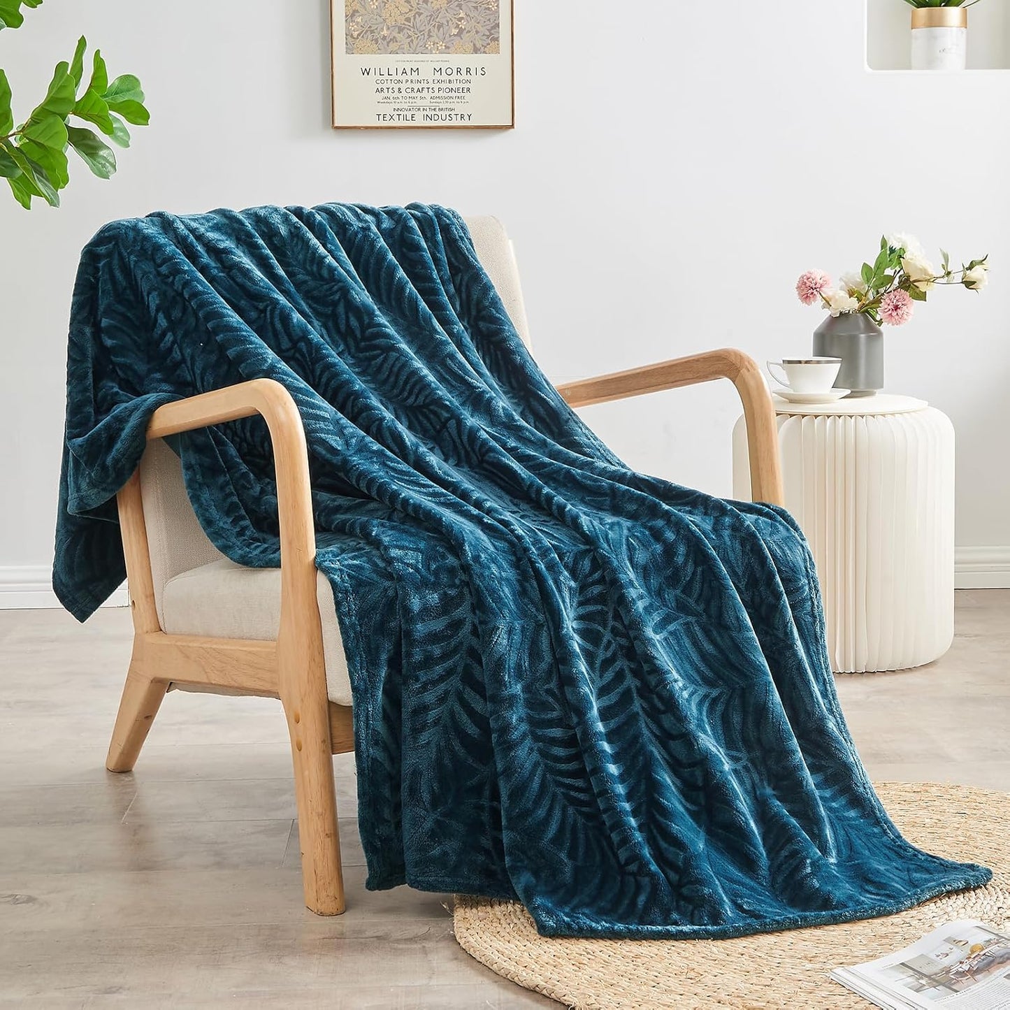 Super Soft Flannel Fleece Bed Blanket, Lightweight Cozy Warm Leaves Textured Plush Blanket as Bedspread Coverlet Bed Cover for All Seasons, 90 X 90 Inches, Blue Coral