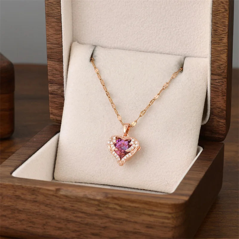 Romance Heart Stainless Steel Cubic Zirconia Necklaces for Women Gold Color Shiny Crystal Necklace Party Daily Jewelry