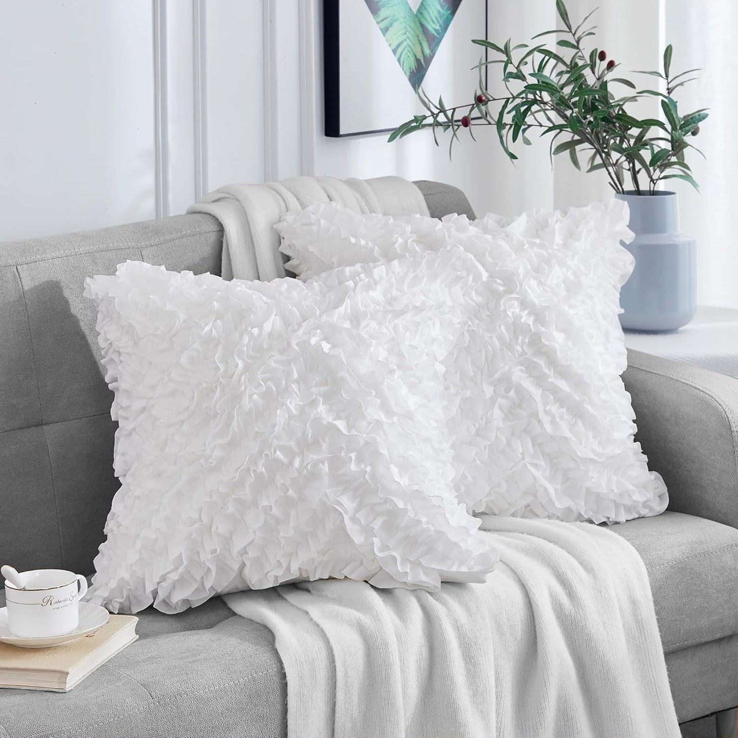 18X18 Pillow Covers, Cushion Throw Pillow Cover Pillowcase Set of 2, Farmhouse Decorative Cushion Case, 3D Design Handmade Pillowcase with Ruffles, White