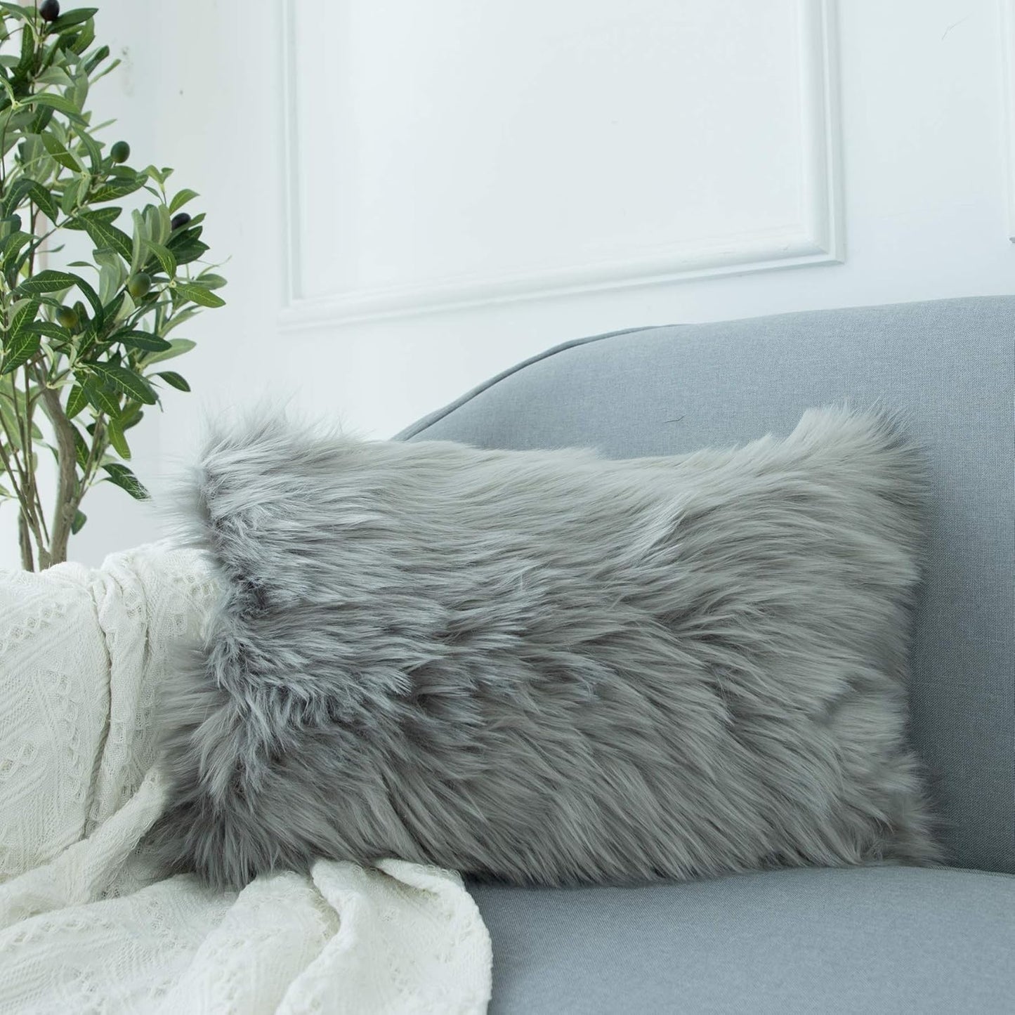 Decorative Lumbar Soft Faux Fur Throw Pillow Cover Luxury Series Rectangle Plush Pillow Case Cushion Cover for Couch Sofa Bed (12" X 20", White)
