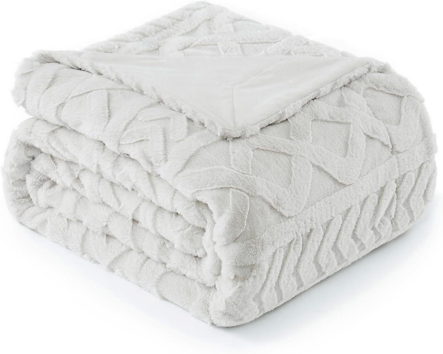Faux Fur Throw Blanket for Couch, Jacquard Fuzzy Plush Soft Thick Winter Throw Blanket for Sofa Bed Living Room Bedroom,50"X60" Beige