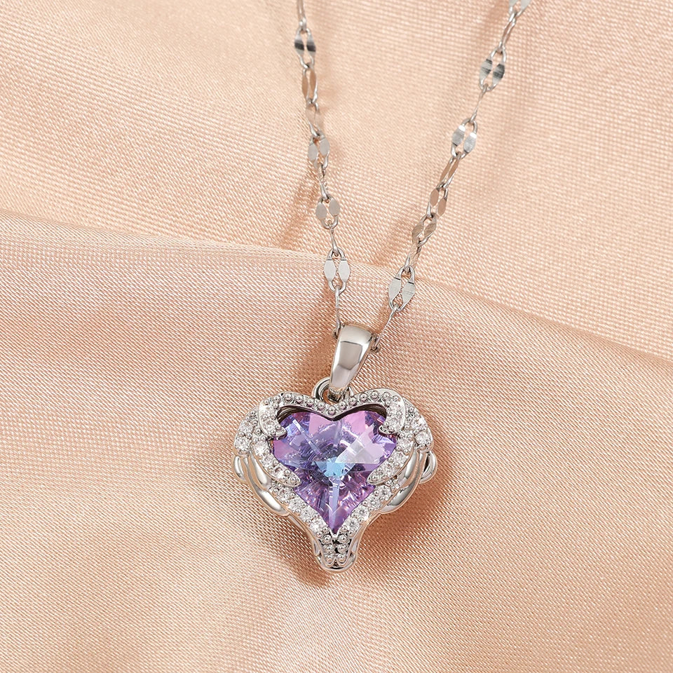 Romance Heart Stainless Steel Cubic Zirconia Necklaces for Women Gold Color Shiny Crystal Necklace Party Daily Jewelry