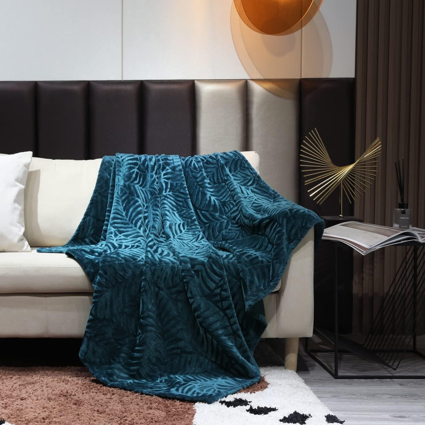 Super Soft Flannel Fleece Bed Blanket, Lightweight Cozy Warm Leaves Textured Plush Blanket as Bedspread Coverlet Bed Cover for All Seasons, 90 X 90 Inches, Blue Coral