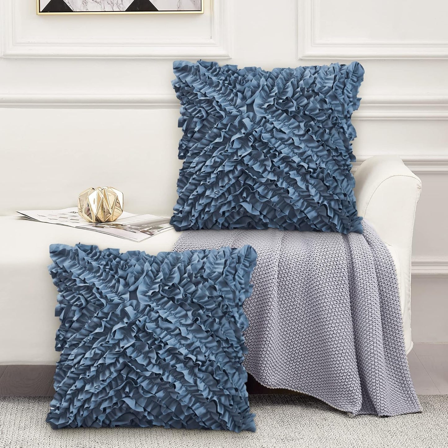 18X18 Pillow Covers, Cushion Throw Pillow Cover Pillowcase Set of 2, Farmhouse Decorative Cushion Case, 3D Design Handmade Pillowcase with Ruffles, White