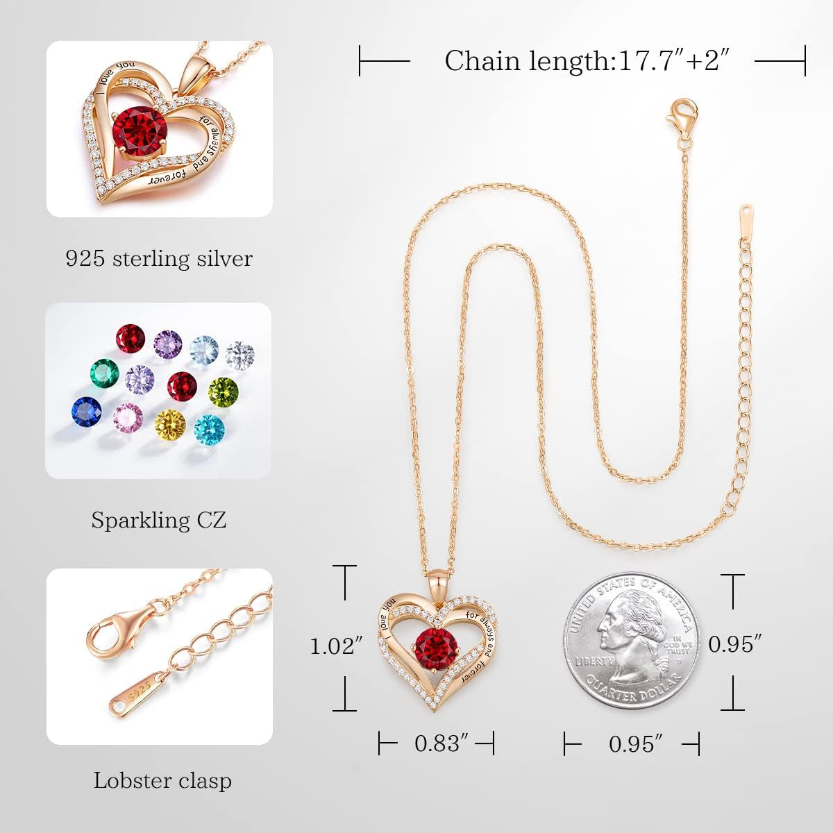 Forever Love Heart Necklaces for Women, Wedding Anniversary, Birthday Mothers Day Gifts for Mom, Mother, Wife, Girlfriend, S925 Silver Jewelry with Birthstone Pendant