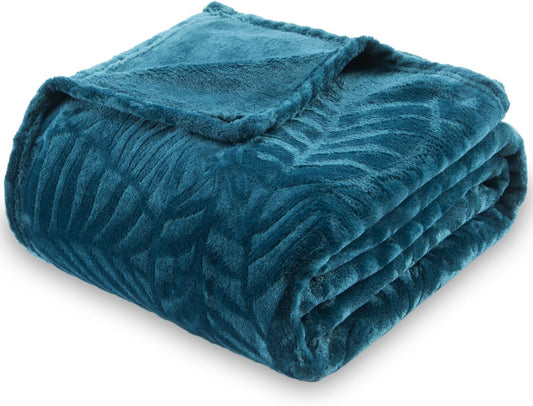 Super Soft Flannel Fleece Bed Blanket, Lightweight Cozy Warm Leaves Textured Plush Blanket as Bedspread Coverlet Bed Cover for All Seasons, 90 X 90 Inches, Blue Coral
