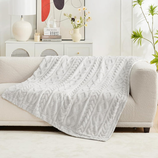Faux Fur Throw Blanket for Couch, Jacquard Fuzzy Plush Soft Thick Winter Throw Blanket for Sofa Bed Living Room Bedroom，50"X60" Beige