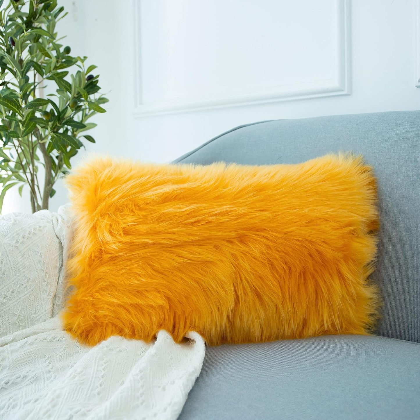 Decorative Lumbar Soft Faux Fur Throw Pillow Cover Luxury Series Rectangle Plush Pillow Case Cushion Cover for Couch Sofa Bed (12" X 20", White)