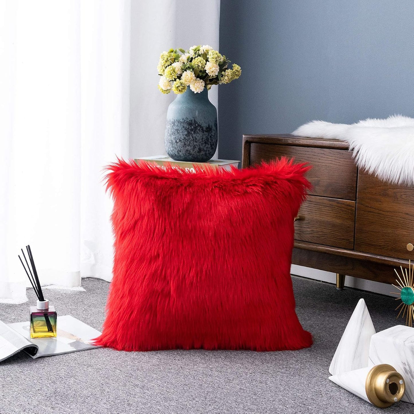 Decorative Lumbar Soft Faux Fur Throw Pillow Cover Luxury Series Rectangle Plush Pillow Case Cushion Cover for Couch Sofa Bed (12" X 20", White)