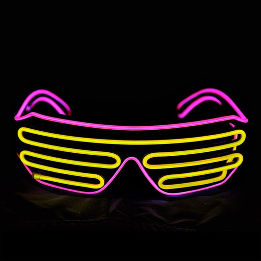 Light up Shutter Neon Rave Flashing Glasses El Wire LED Sunglasses Glow Costumes for Party, 80S, EDM RB03 (Pink - Yellow)