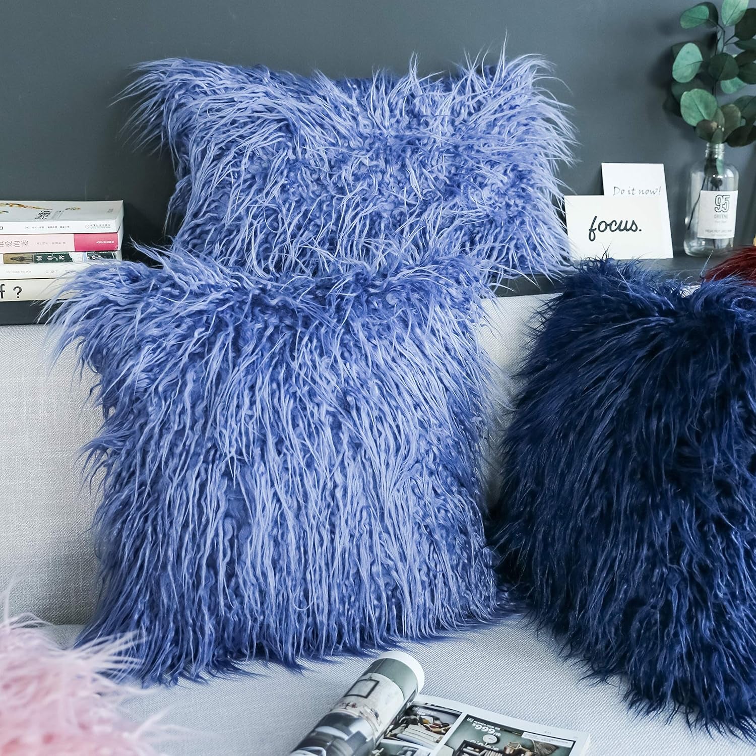 Kevin Textile Set of 2 Decorative New Luxury Series Merino Style Navy Blue Fur Throw Pillow Cover Cushion Case Pillow Case for Sofa/Couch (18" X 18" 45Cm X 45Cm) Navy Blue