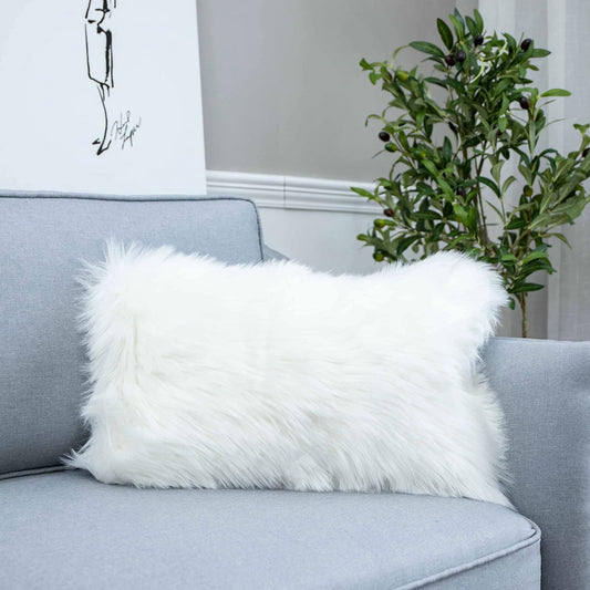 Decorative Lumbar Soft Faux Fur Throw Pillow Cover Luxury Series Rectangle Plush Pillow Case Cushion Cover for Couch Sofa Bed (12" X 20", White)