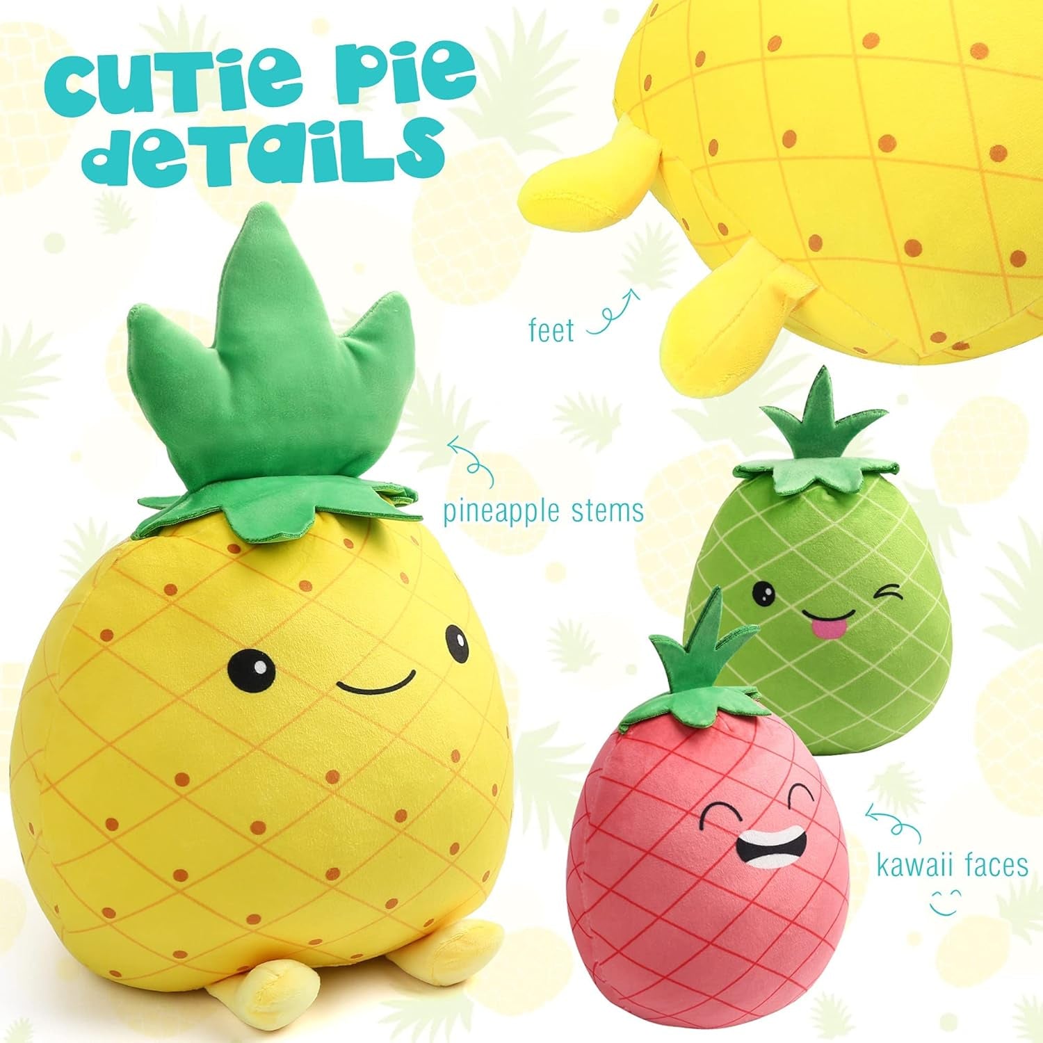 Pineapple Plush Toy, Set of 3, 12", 7" and 6'' Squishy Stuffed Animal Toys, Fruit Plushies, Fun Plush Pillow, Easter Basket Stuffers, Ms Sweety and Baby Pineapples