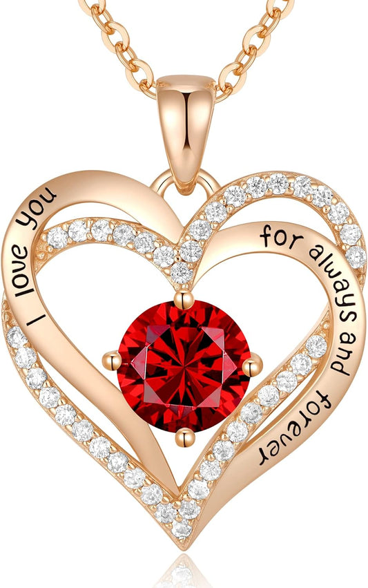 Forever Love Heart Necklaces for Women, Wedding Anniversary, Birthday Mothers Day Gifts for Mom, Mother, Wife, Girlfriend, S925 Silver Jewelry with Birthstone Pendant