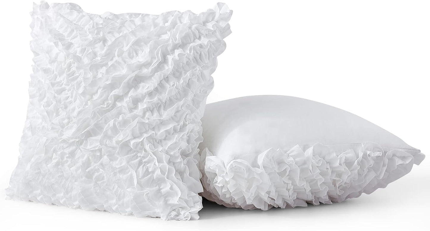18X18 Pillow Covers, Cushion Throw Pillow Cover Pillowcase Set of 2, Farmhouse Decorative Cushion Case, 3D Design Handmade Pillowcase with Ruffles, White
