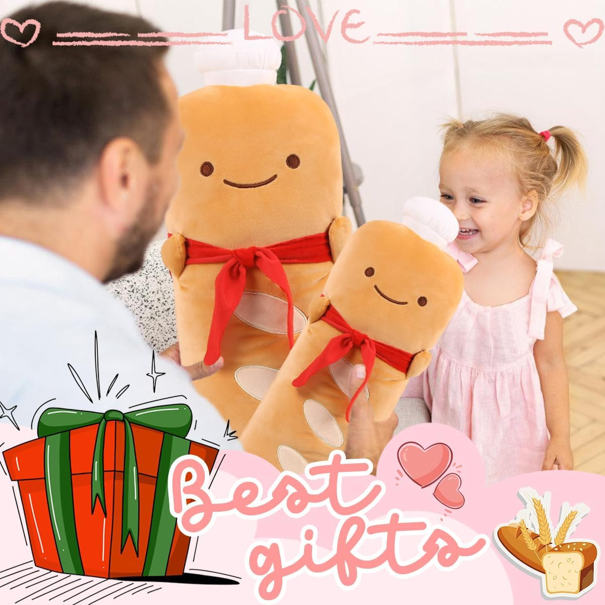 Funny 21.6In Toast Baguette Pillow,French Baguette Shape Plush Hugging Pillow with Red Scarf,Soft Toast Food Sofa Cushion Home Decor,Plush Toy for Friends Family Birthday