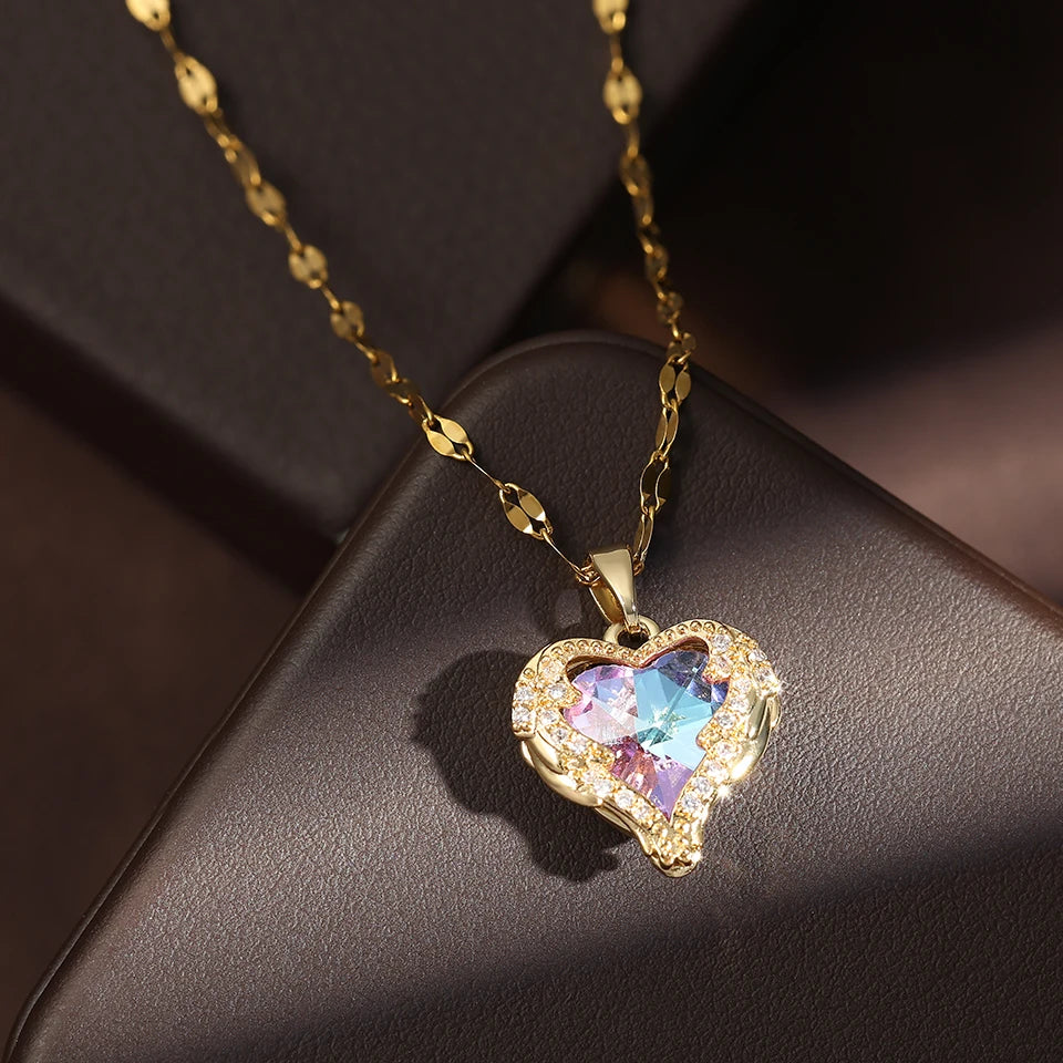 Romance Heart Stainless Steel Cubic Zirconia Necklaces for Women Gold Color Shiny Crystal Necklace Party Daily Jewelry